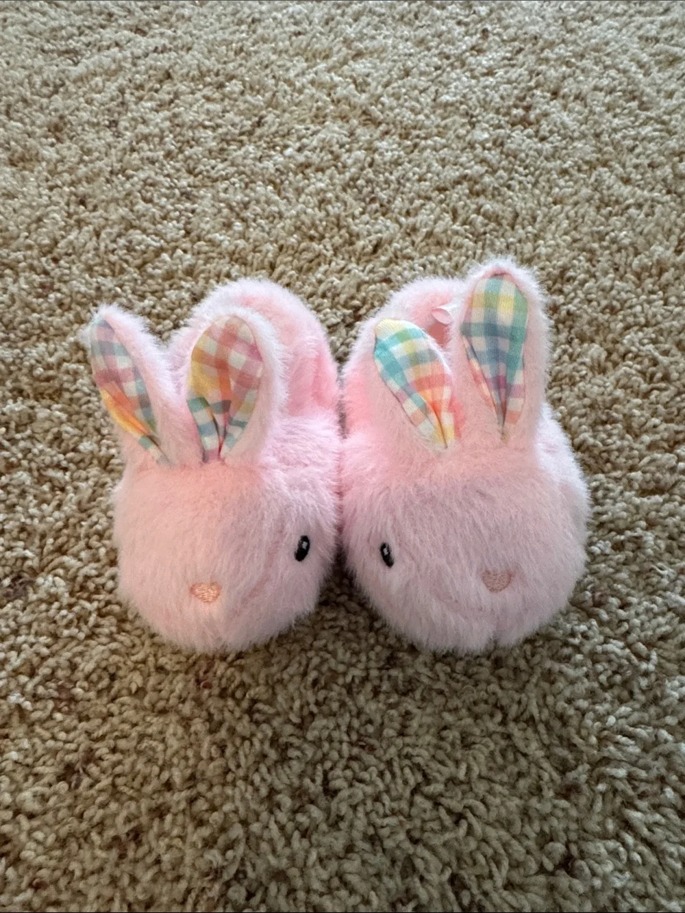 Pink Bunny Plush Slippers with Pastel Check Ears